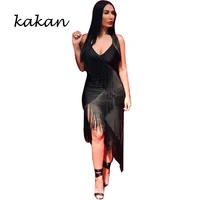 kakan summer new womens tassel dress sexy nightclub solid color strap dress halter black fluorescent orange dress