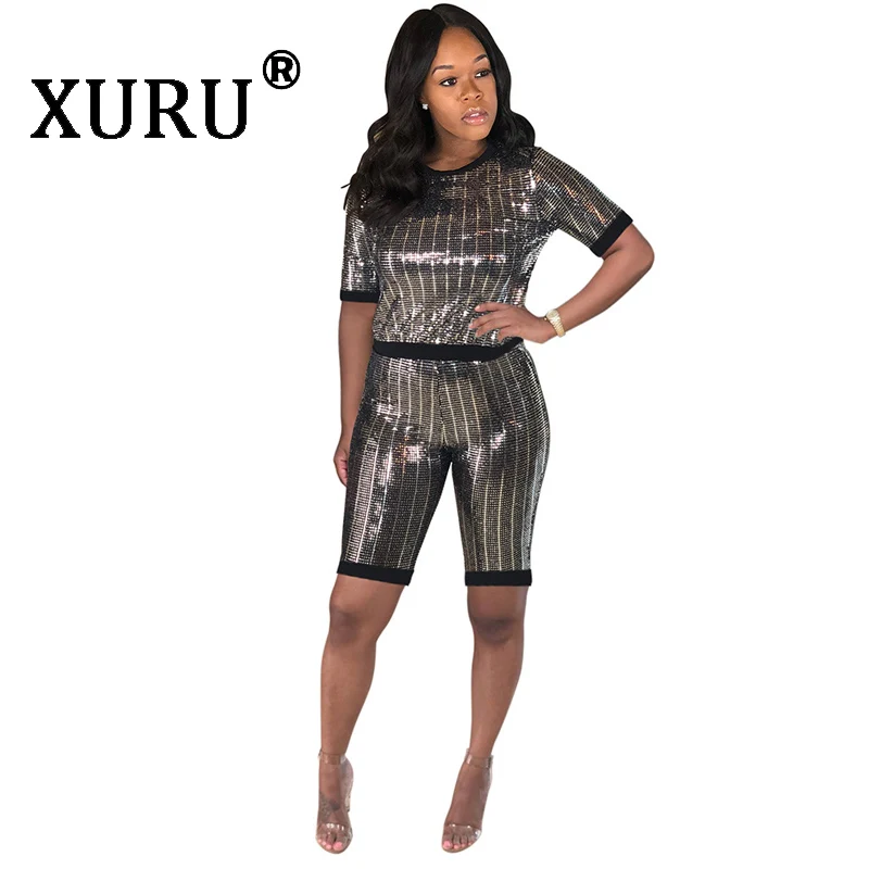 

XURU summer new best women's sexy sequins jumpsuit two-piece club party nightclub leotard white brown jumpsuit