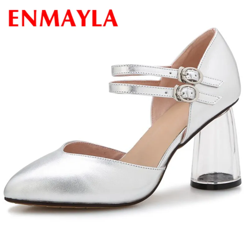 

ENMAYLA High Heels Pumps Shoes Woman Pointed Toe Ankle Strap Red Party Wedding Genuine Leather Shoes Size 34-39 Crystal Heel