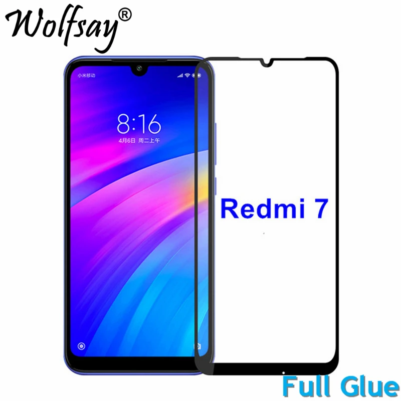 

1 шт. защита для экрана с полным клеем Xiaomi Redmi 7 закаленное стекло полное покрытие стекло для Xiaomi Redmi 7 9H 2.5D Премиум пленка Wolfsay