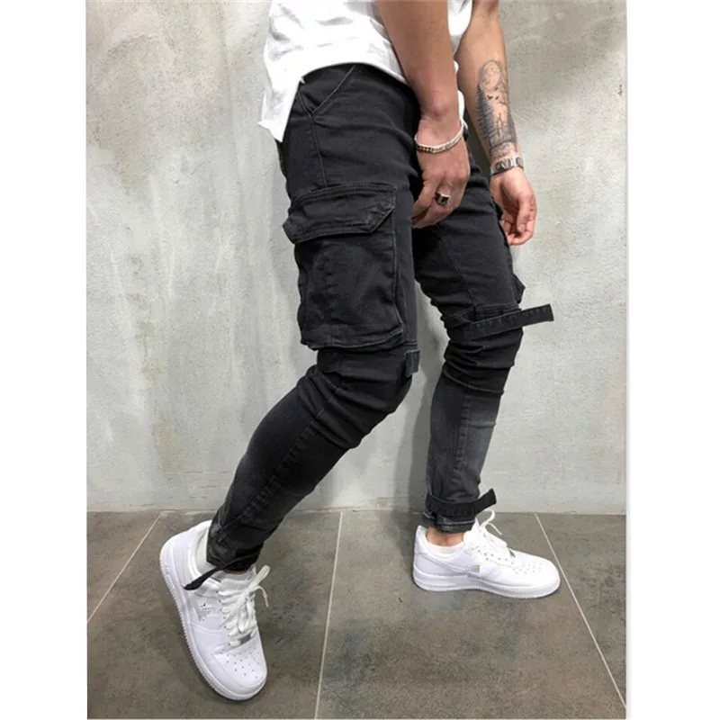Men Stylish Jeans Biker Slim Straight Hip Hop Denim Trousers Fashion Skinny 2019 Elastic Ripped pocket streetwear jeans | Мужская одежда