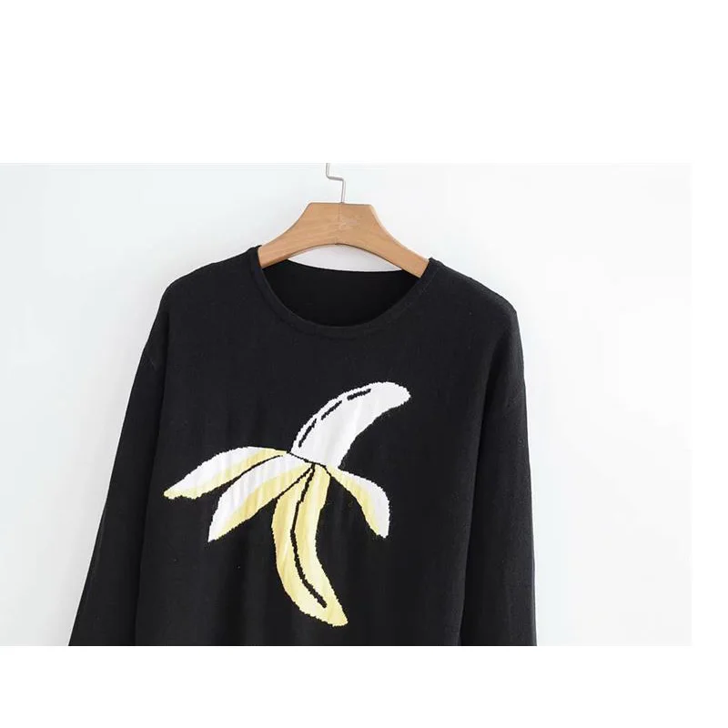 Elegant Women's 2018 Autumn Retro Exquisite Banana Embroidery Wild Foundation Round Neck Pullover Long Sleeve Sweater | Женская