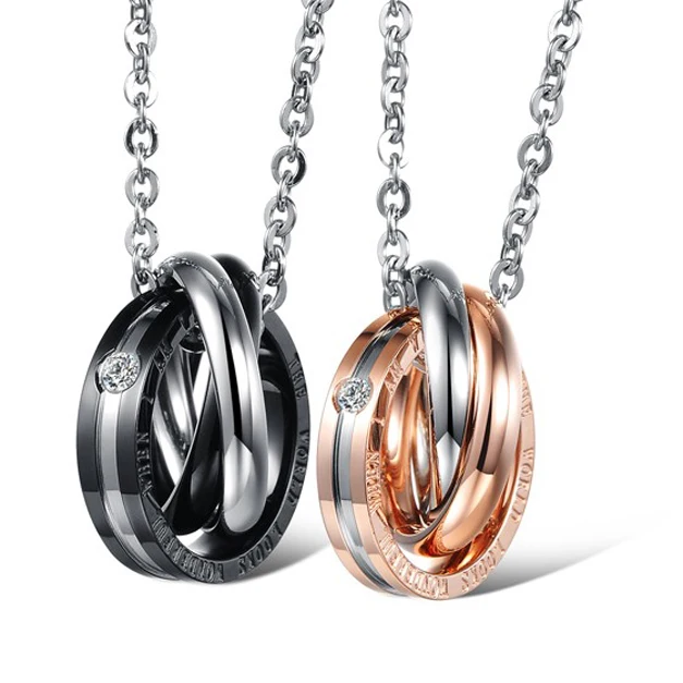 

New Style Romantic Jewelry 316L Stainless Steel Black Plating Rose Gold Round Inlaid Shinning Crystal Lovers Pendant Necklace