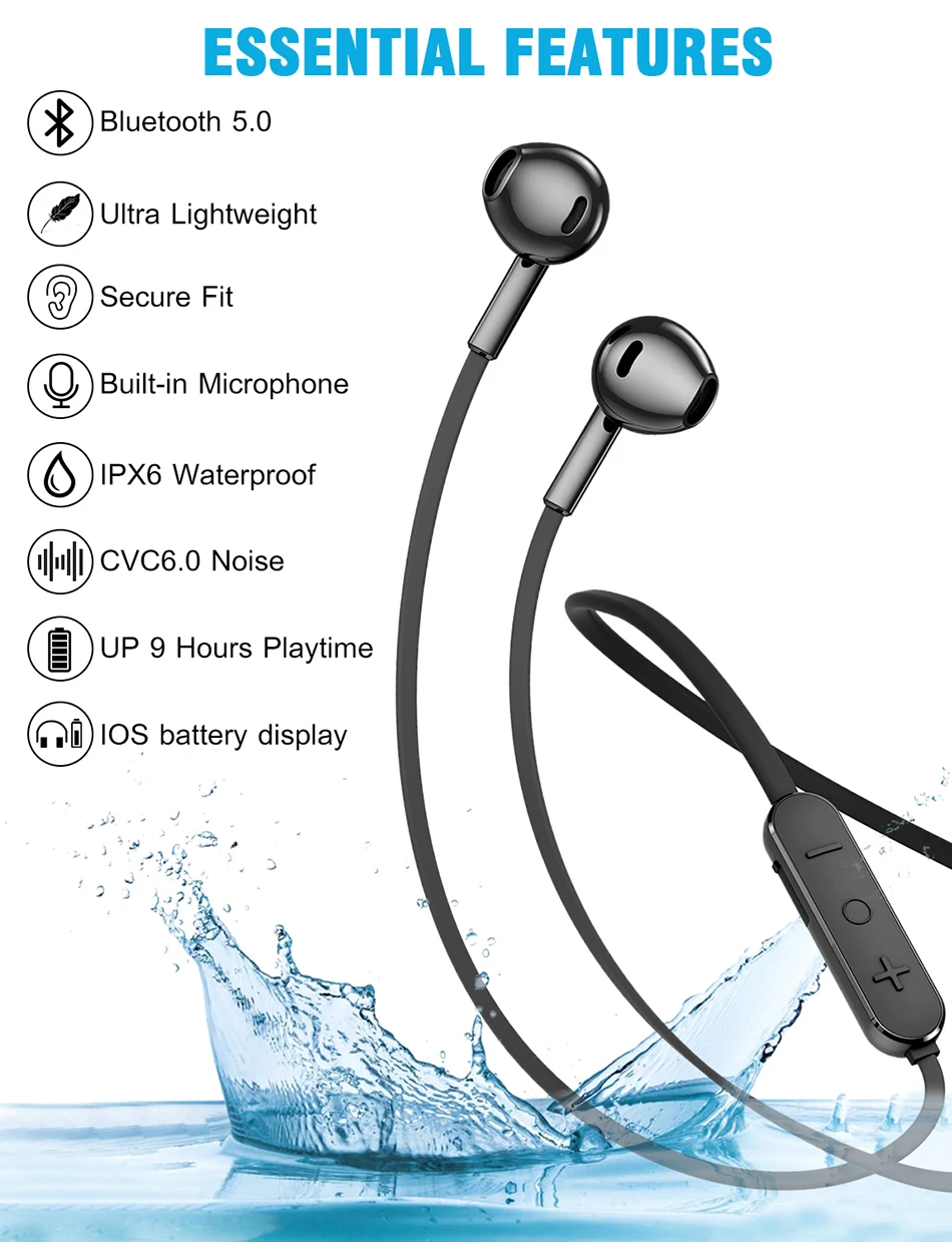 5,0 Bluetooth наушники, стерео беспроводные наушники, шейные наушники IPX6, спортивные наушники с защитой от пота, наушники с микрофоном