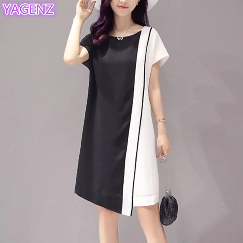 YAGENZ Women Chiffon dress Summer New Large size Clothing Fashion Dress Splice Short sleeves Long section A150 | Женская одежда