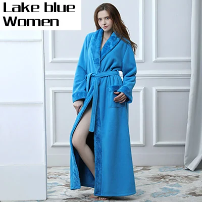 Lake blue women Хит, для влюбленных, двойной слой, уплотненный, удлиненный зимний халат для женщин и мужчин, термальное кимоно из рунной шерсти, банный халат, теплые халаты, Халат - Цвет: Lake blue women