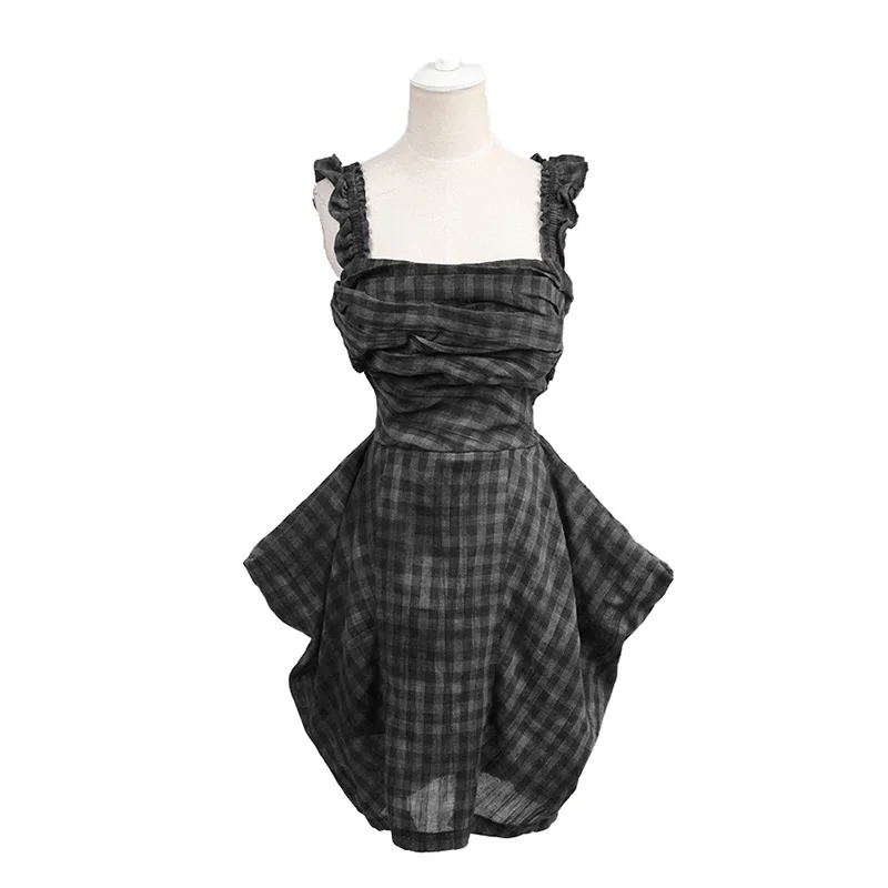 

2020 Steampunk Asymmetric Design Women's Black Plaid Strap Short Dress Summer Tailoring Girl Gothic Strap Dress