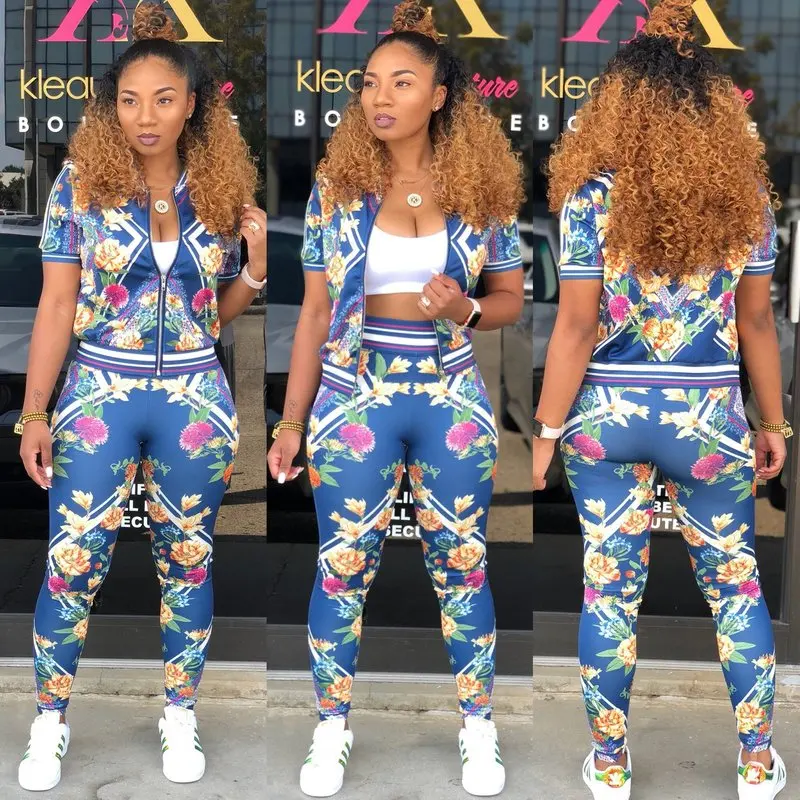U-SWEAR Summer Tracksuit Women Two Piece Set Floral Short Sleeve Top Long Pant Sweatshirt Female Clothes Sportswear | Женская одежда