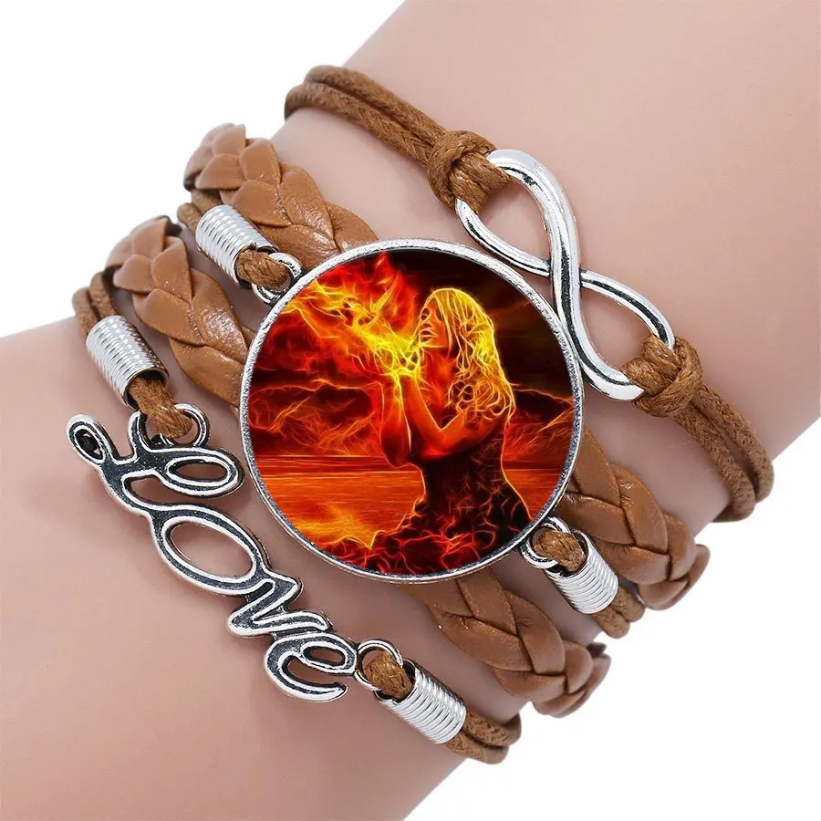 Многослойный черный/коричневый кожаный браслет Flame Goddess старинная каменная