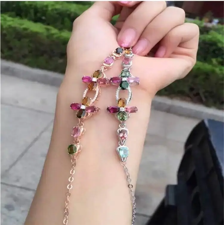 Chain bracelet Free shipping Natural and real tourmaline 925 sterling silver Fine jewelry gems 4*6mm 12pcs | Украшения и
