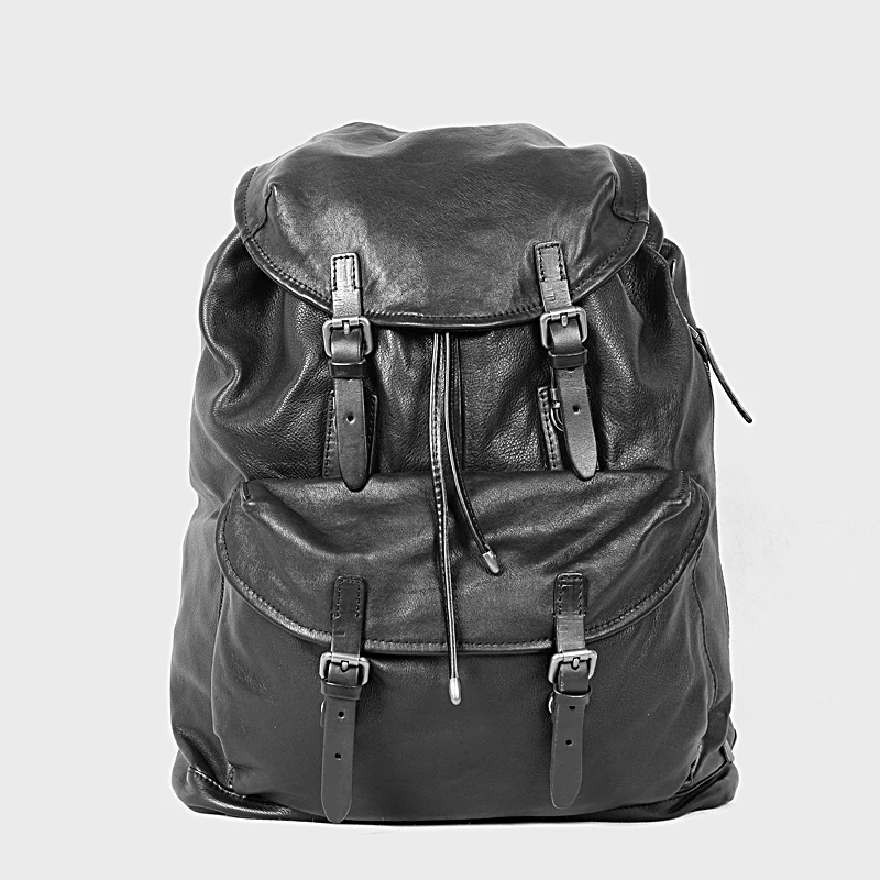 Мягкий черный кожаный мужской рюкзак сумка для ноутбука большой емкости ретро