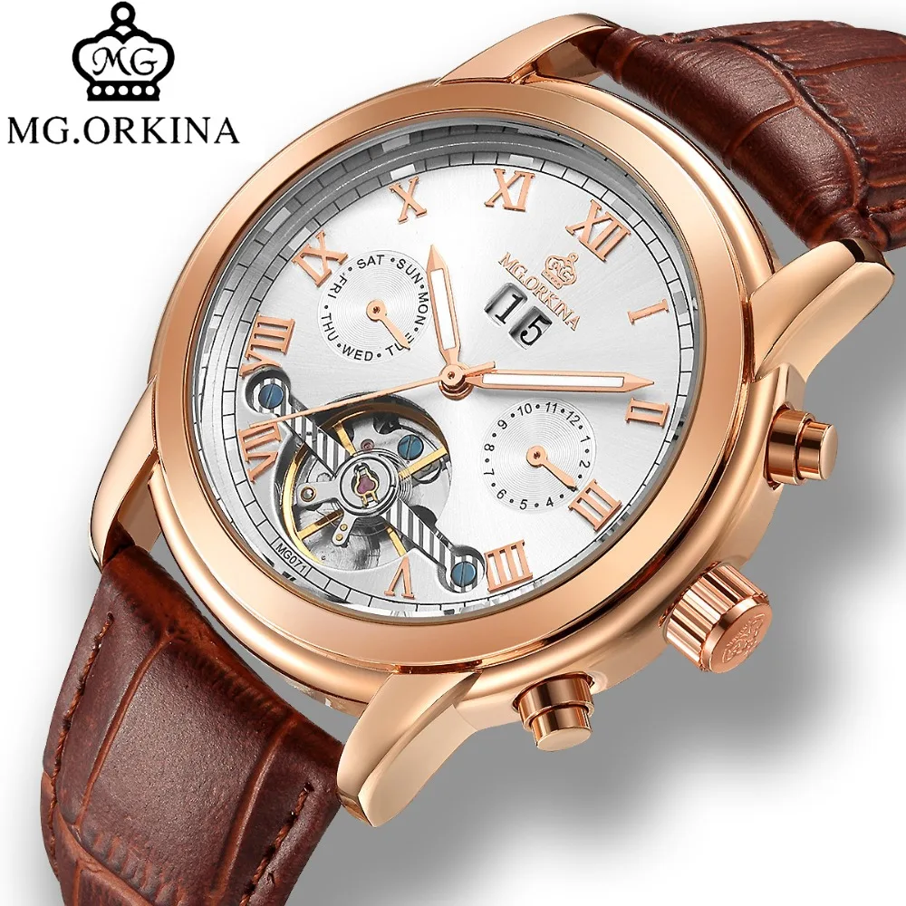 

Mg.orkina Business Leather Tourbillon Mechanical Automatic Transparent Watches Mens Luxury Self Wind Auto Date Week Wrist Watch