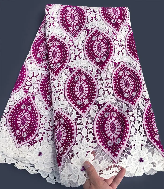 fushia offwhite 5 ярдов бархатное кружево аккуратная вышивка африканский гипюр шнур кружевная ткань с большим количеством камней очень сильный не отваливается - Цвет: fushia offwhite