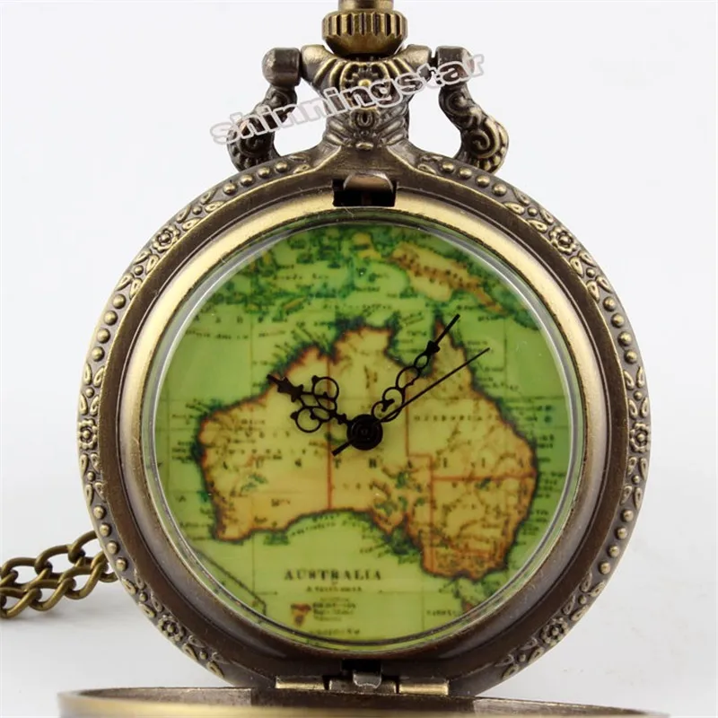 

New Arrival Antique Flower Back Australia Map Shape Brown Glass Pocket Watch P57 relogio de bolso