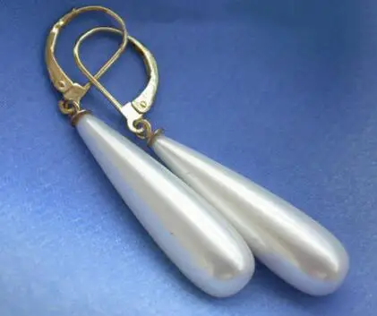 

free shipping jewelry new Charming long teardrop south sea white shell pearl dangle earrings