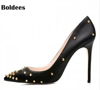 sexy lady gold metal rivets womens shoes pumps black heels woman sexy pointed toe high heel party shoes