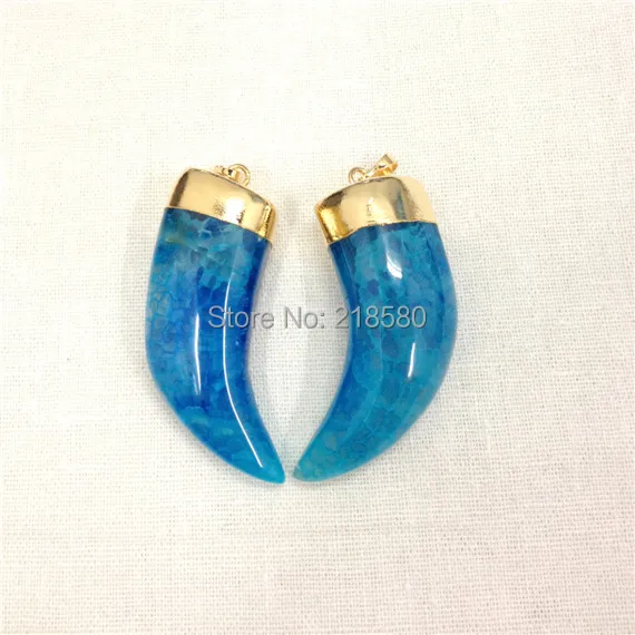 

H-SP38 Large Blue Dragon Agates Horn Tusk Pendant Charm with Gold or Silver Cap