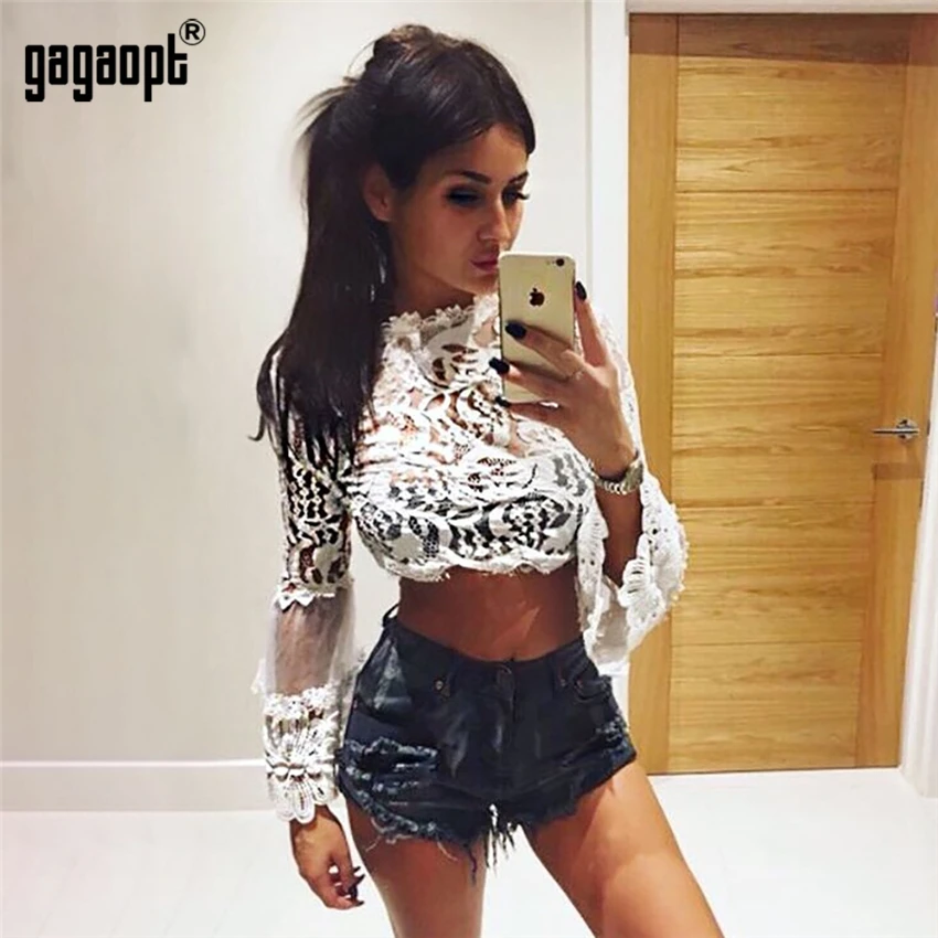 Gagaopt 2018 осенне зимние сетчатые топы женские сексуальные кружевные с