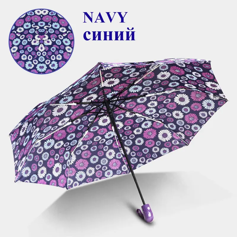 Модный Цветной Автоматический детский зонтик с ручкой, женский, 3 сложения, прочный, ветрозащитный, Мужской зонтик для подарка, зонты от солнца с цветами - Цвет: 9015-Navy