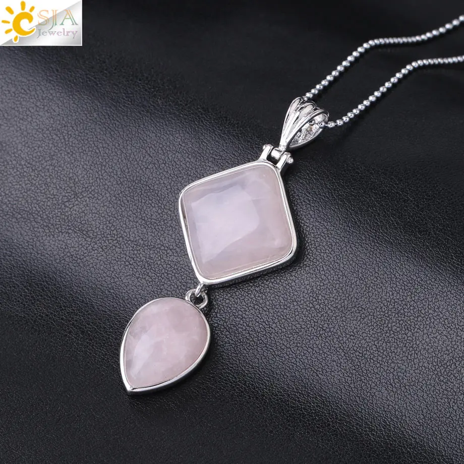 Rose Quartz CSJA, женские трендовые натуральные кварцевые подвески в форме капель воды, ожерелье, квадратные целебные камни, геометрические модные ювелирные изделия, мужское ожерелье s F815 - Окраска металла: Rose Quartz