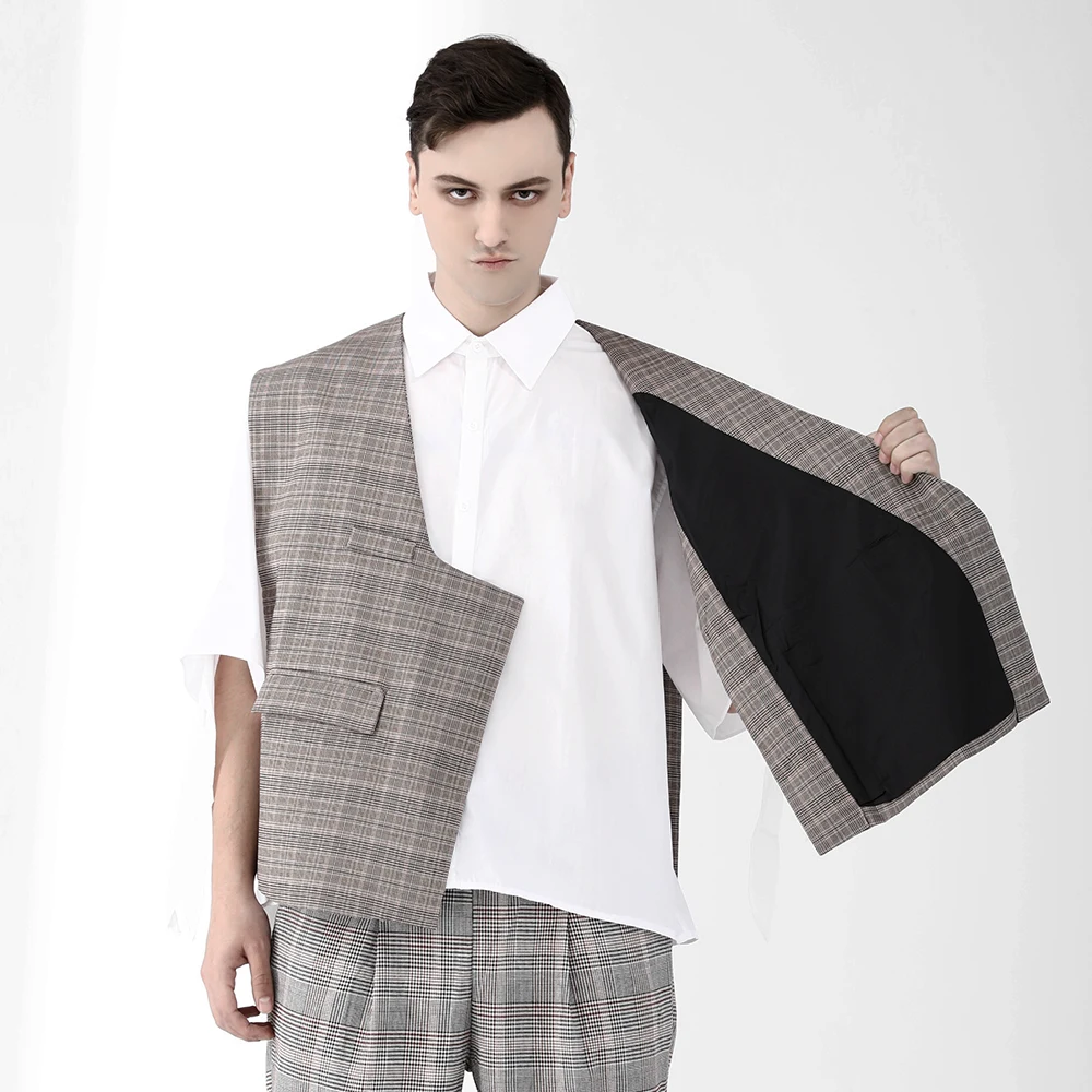 Мужской свободный клетчатый жилет с асимметричным дизайном молодежное модное
