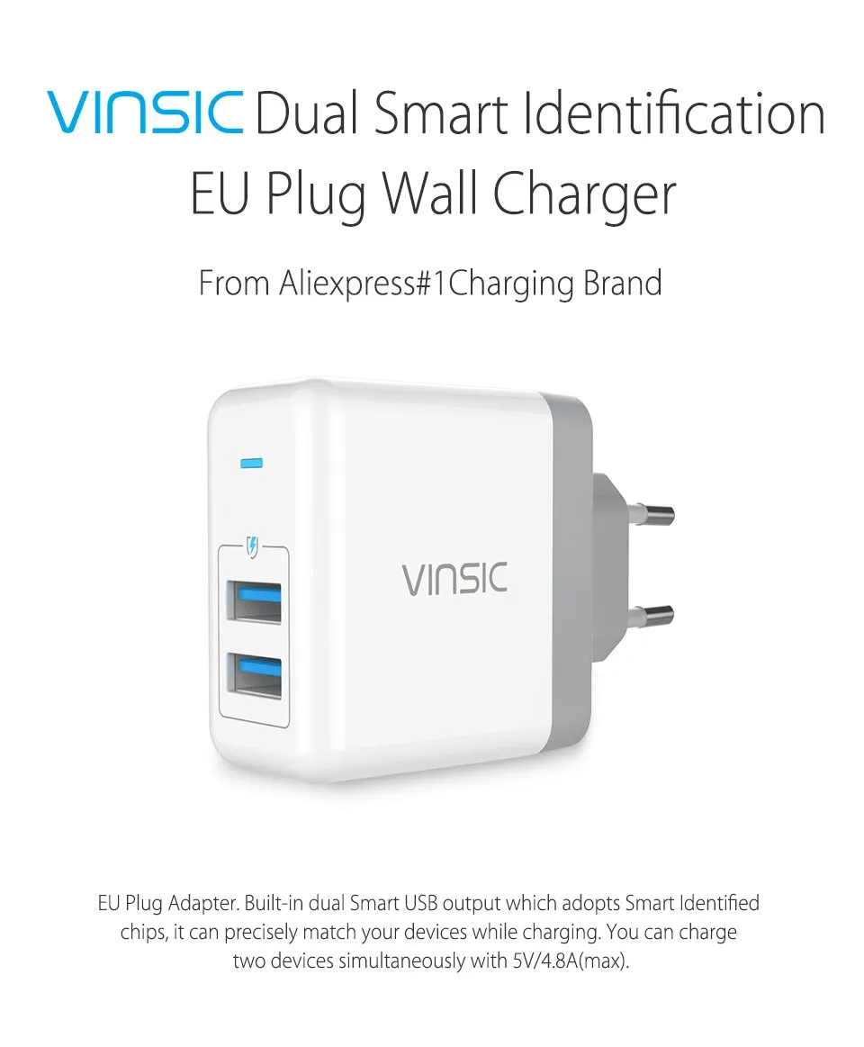 Vinsic Dual USB зарядное устройство 5 В 4.8A портативное дорожное настенное зарядное устройство адаптер зарядное устройство для мобильного телефона для iPhone X 8 8 Plus Xiaomi LG ноутбука