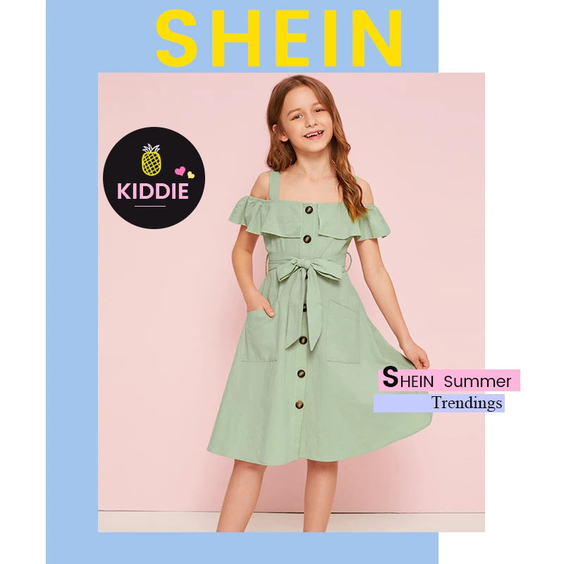 SHEIN детское зеленое платье-рубашка в стиле бохо с открытыми плечами и оборкой, с поясом, летнее милое платье на пуговицах спереди, с высокой талией, длиной до колена