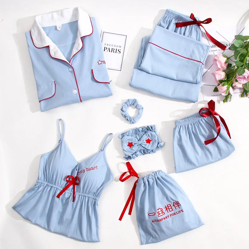 Fashion 7 Pieces Sleepwear Women Checker Warm Soft Cotton Pajamas Set Ladies Pink and White Plaid Cotton Nightwear 7pcs - Цвет: Color 1