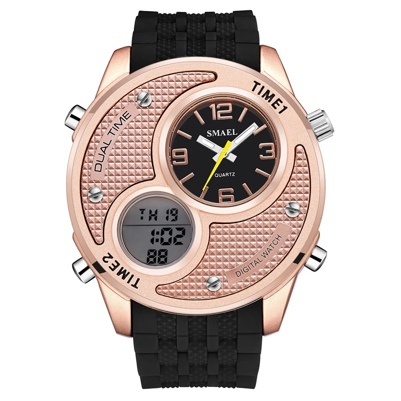 Rose gold SMAE модные спортивные мужские часы люксовый бренд с двойным циферблатом мужские водонепроницаемые наручные часы Аналоговые светодиодный часы с датой - Цвет: Rose gold