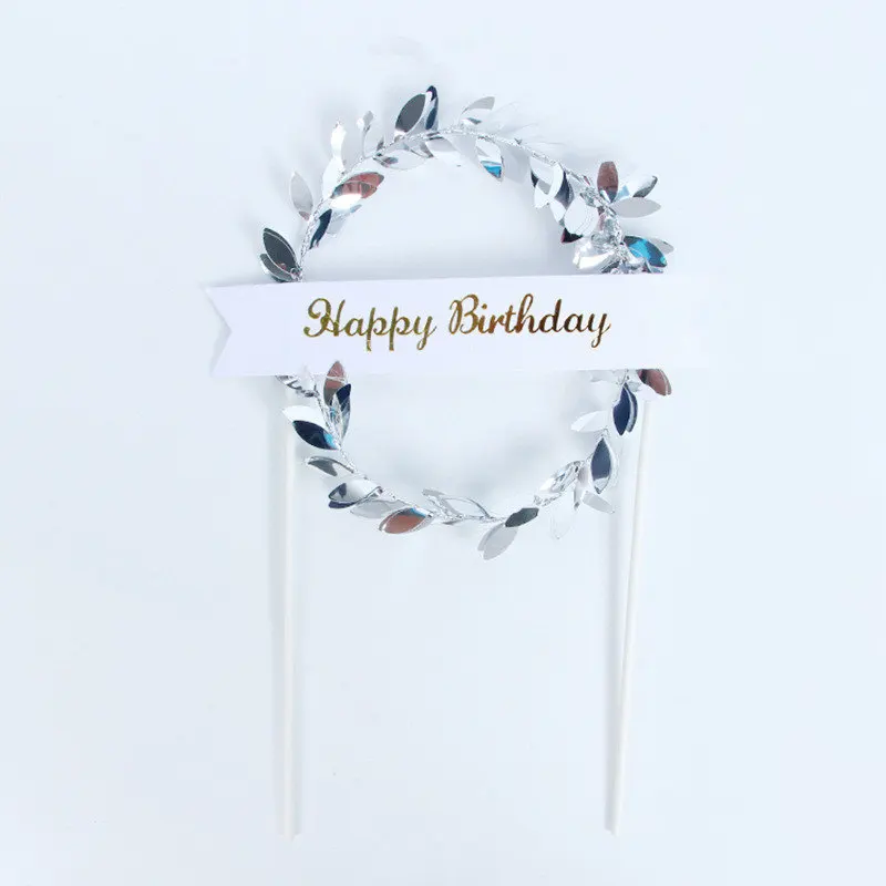 silver happybirthday Чернила с изображением зеленых листьев и венок «С Днем Рождения» «Sweet Love»(«Сладкая любовь»); "торт фигурки жениха и невесты; десерт украшения для День рождения прекрасные подарки - Цвет: silver happybirthday