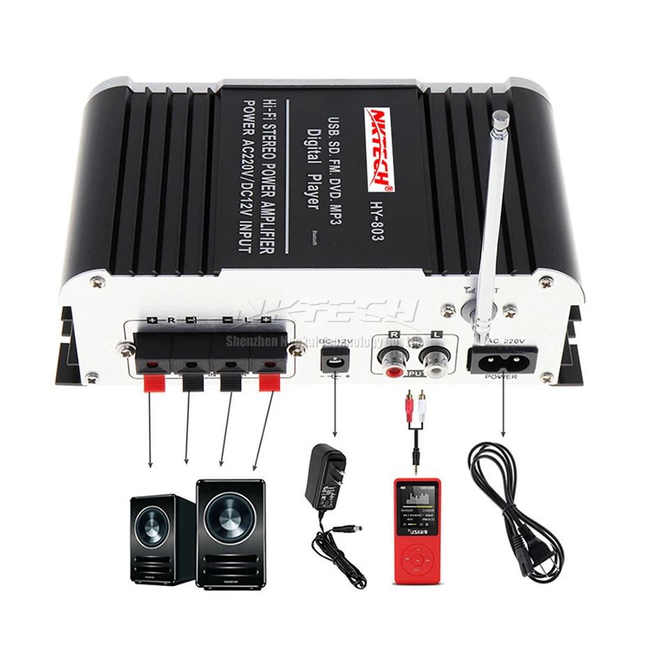 NKTECH HY-803 усилитель Bluetooth Автомобильный цифровой аудио плеер 2x41 Вт Hi-Fi стерео бас USB SD MP3 DVD FM DSP DC12V 220-240 В