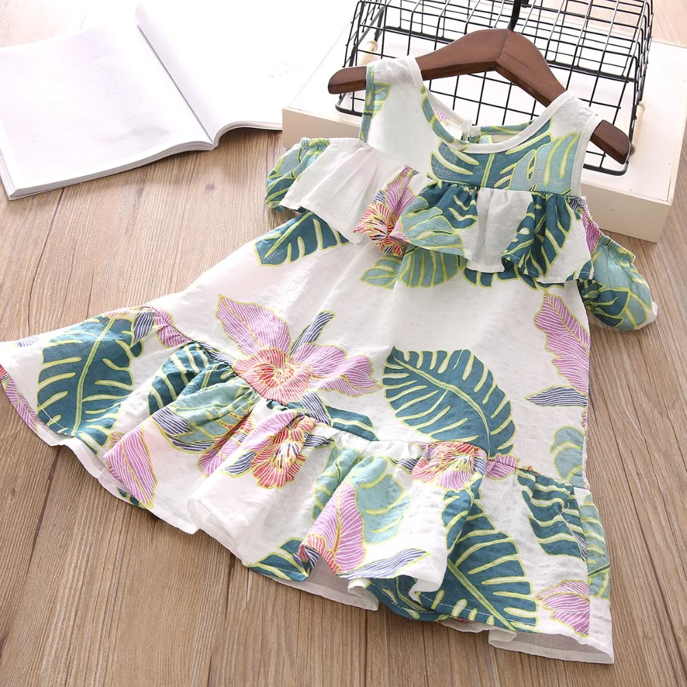 Fashion hot sale leaf cotton print summer kids girls off shoulder ruffle baby dresses | Детская одежда и обувь