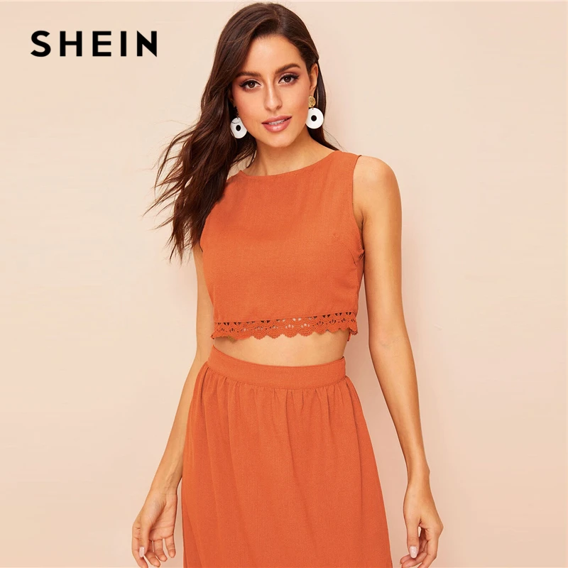 SHEIN 70s Топ С Пуговицами Сзади И Кружевной Отделкой И Юбка Комплект Женский Летний Элегантный Топ Без Рукавов И Юбка