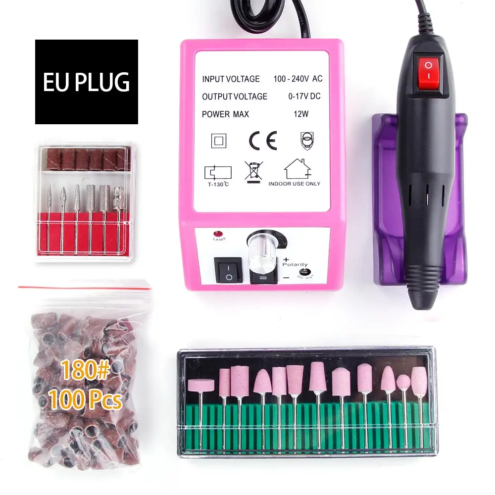 Pink EU Plug Set7 Профессиональный электрический Фрезер для ногтей, сверлильный станок, инструменты для маникюра, набор для педикюра, Фрезер фрезы для ногтей оборудование-гвоздь файл 180 - Цвет: Pink EU Plug Set7