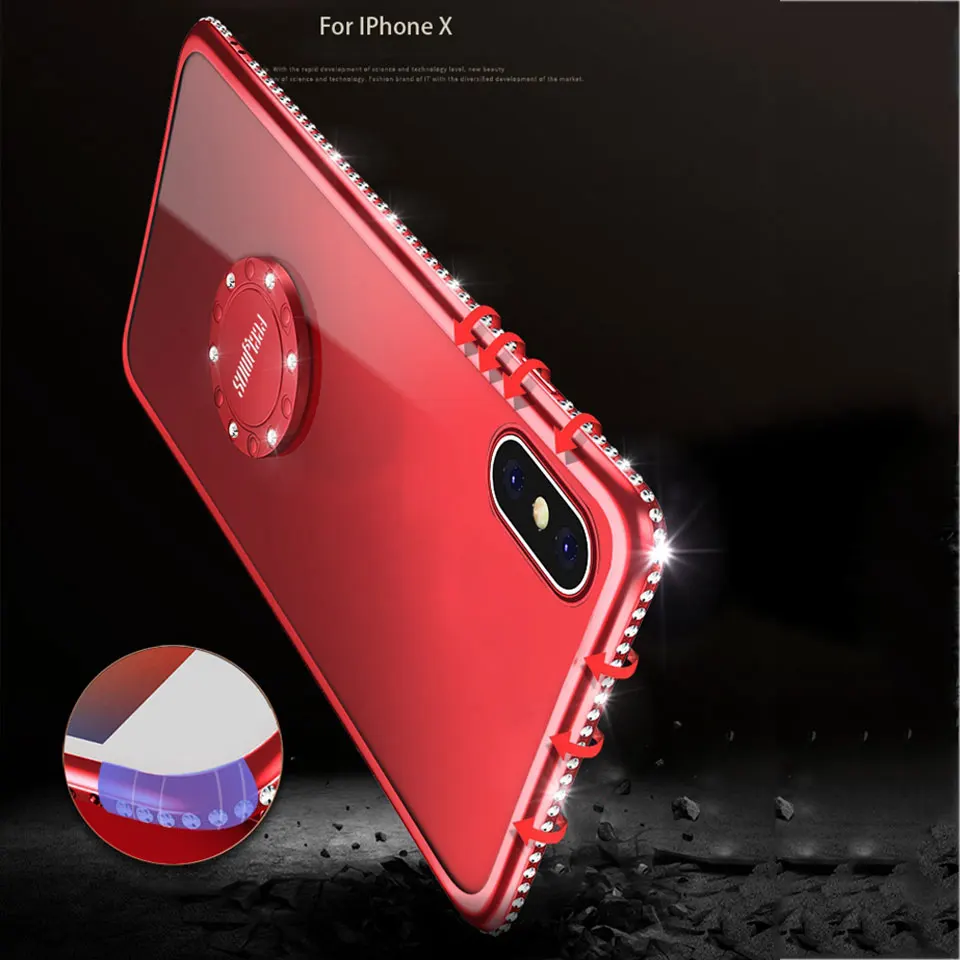 Diamond кольцевой магнитный держатель Case для iphone X XR XS MAX 7 Plus 6s крышка блеск samsung