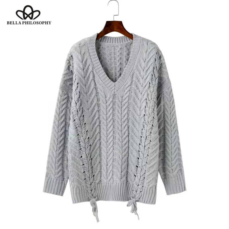 Bella Philosophy 2018 women autumn winter new hollow out long sleeve lace-up Twist Pattern loose oversized sweater pullover | Женская