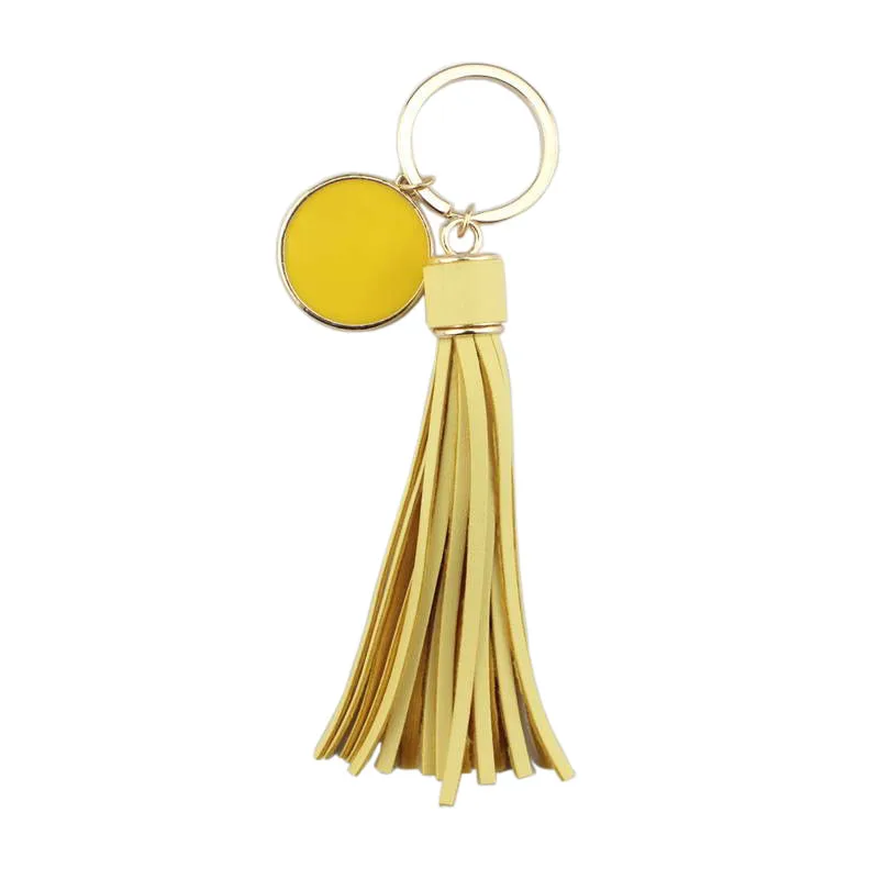 

2020 Gold Round PU Leather Tassel Key Chain Charm Women Monogram Blank Enamel Jewelry Valentines Day Gift Wholesale