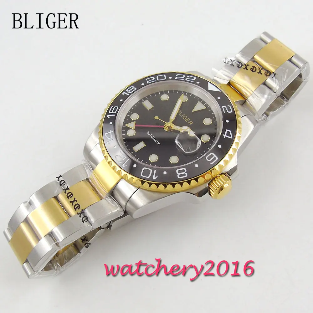 NEW 40mm Bliger Sapphire glass black dial Deployment Bracelet Date GMT Automatic self wind Movement Men's Mechanical Wristwatch |
