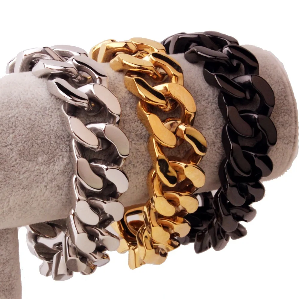 

20mm Heavy Men's Bracelet Curb Cuban Link Silver Gold Black Color 316L Stainless Steel Wristband Male Jewelry