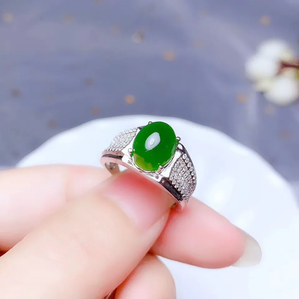 

Real Natural Hetian Jasper Ring Women Men Anniversary Gift 10x8mm Beads Green Gemstone Adjustable Ring Fashion Jewelry AAAAA