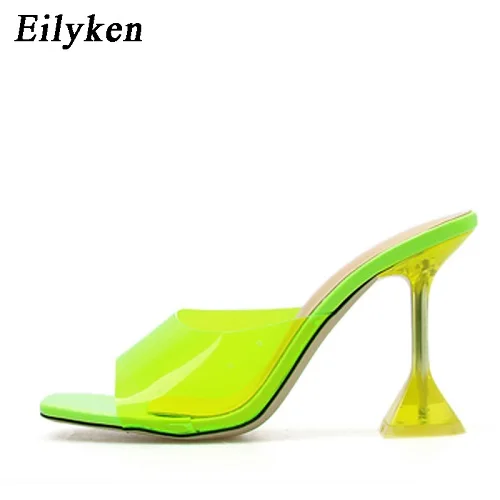 Green Eilyken/женские прозрачные босоножки на высоком толстом каблуке с открытым носком; Цвет серебристый, зеленый; женские шлепанцы без задника; тапочки мюли - Цвет: Green
