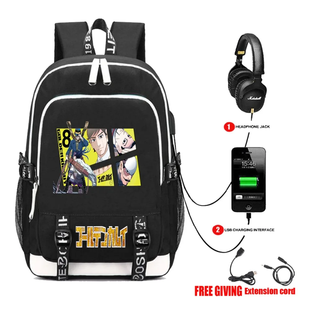 

anime Golden Kamuy backpack USB Charging Headphone jack Unisex Travelbag Laptop Rucksack Teenagers student book bag 8 style