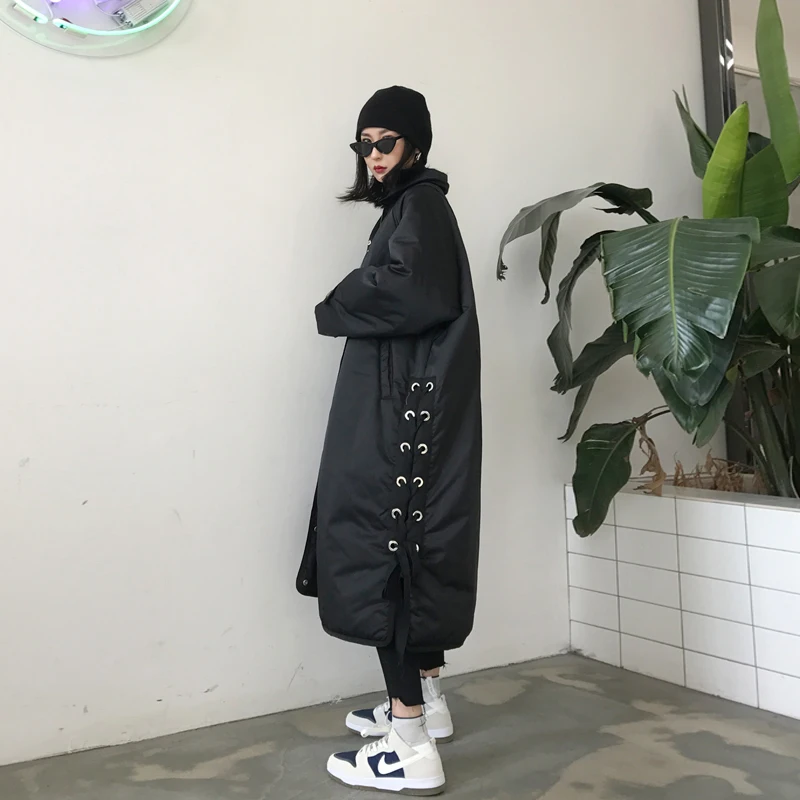 Fashion long side tie with a coat of cotton women thickened loose black joker. | Женская одежда