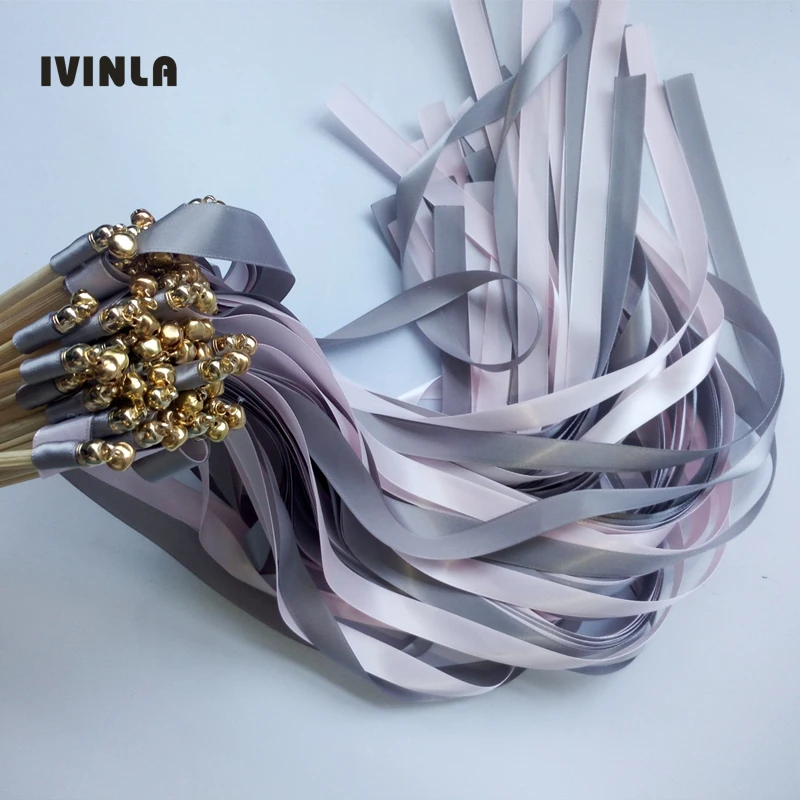 

New 50pcs/lot pink & grey stain wedding ribbon wands stick With gold Bells for wedding party