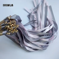 new 50pcslot pink grey stain wedding ribbon wands stick with gold bells for wedding party