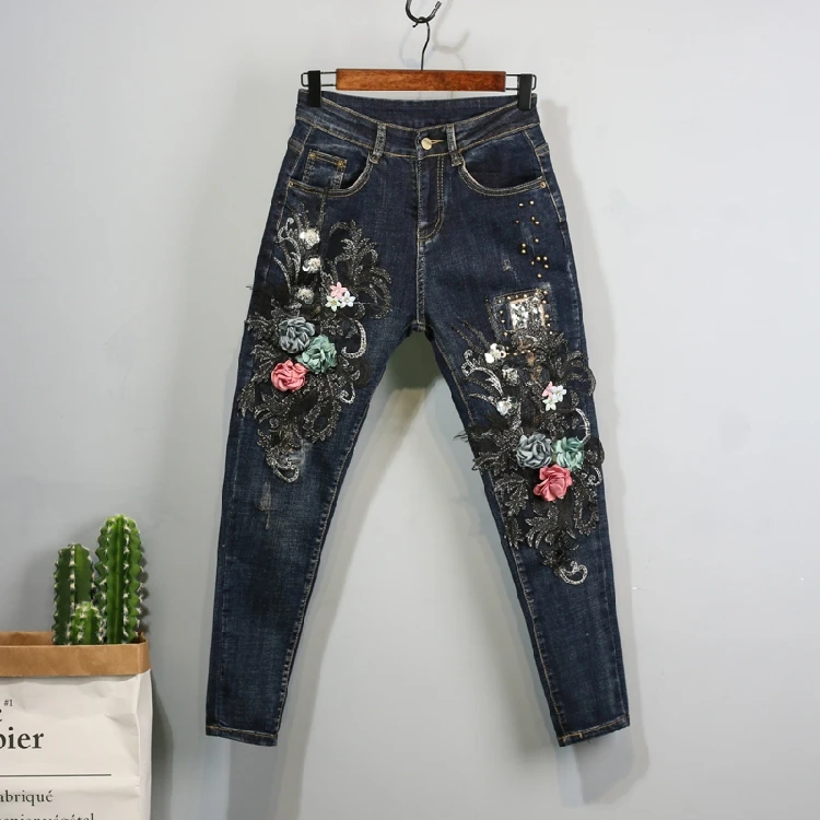 

Denim Trousers Pants Women Autumn Winter New Jeans Lace Flower Embroidery Slim Fashion Blue Stretch Student