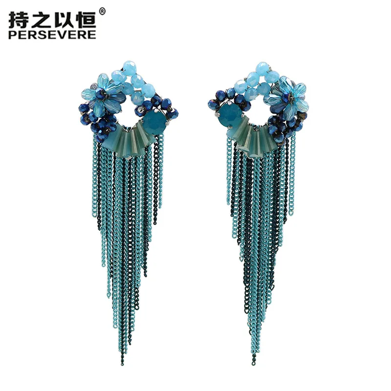 

Trendy Handmade Crystal Beaded Flower Metal Chain Long Tassel Earrings For Woman Bohemian Wedding Festive Fashion Jewelry