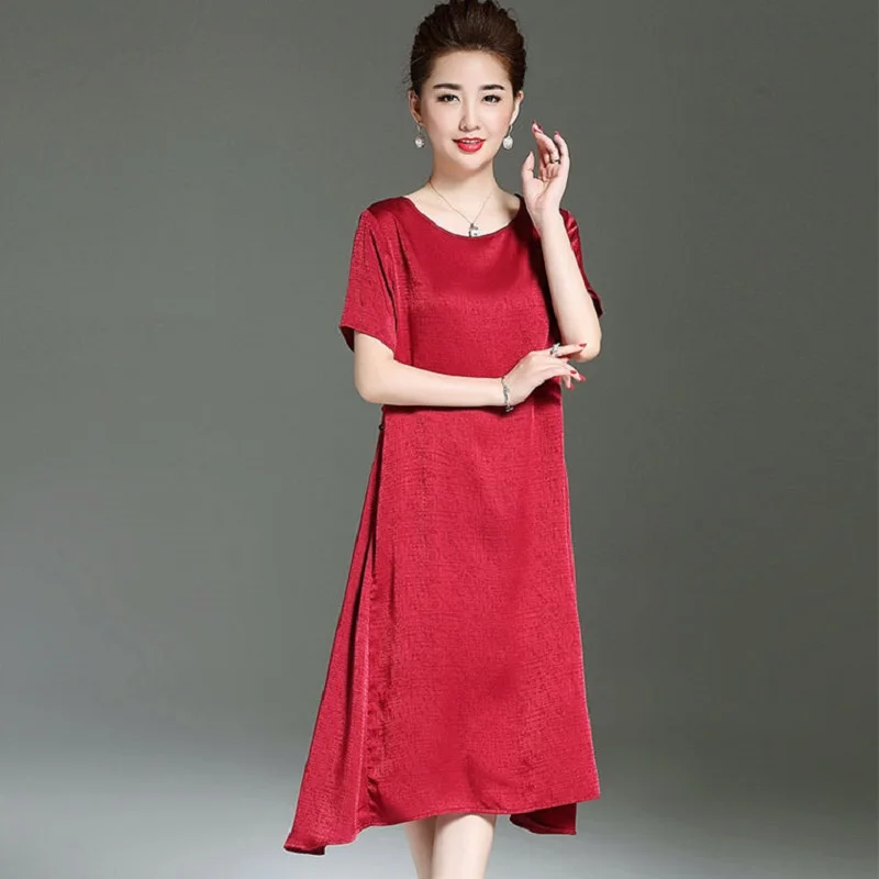 

new women clothing 100% silk dresses SOLID women dresses o-neck national stly clothing elegant women summer dresses