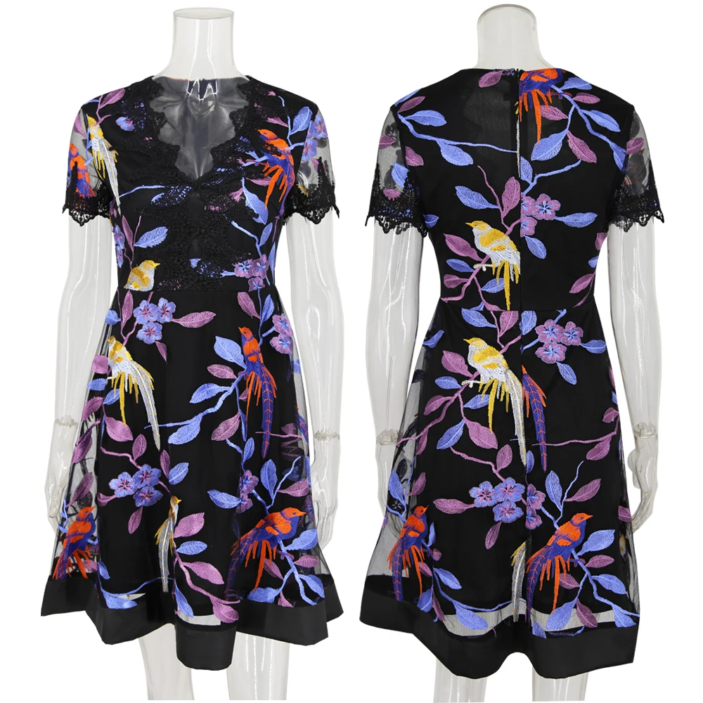 

New Women Casual dress Deep V collar Net yarn Embroidery Short sleeve Sexy dress 2018 Summer Female dress Elegant Bodycon dress