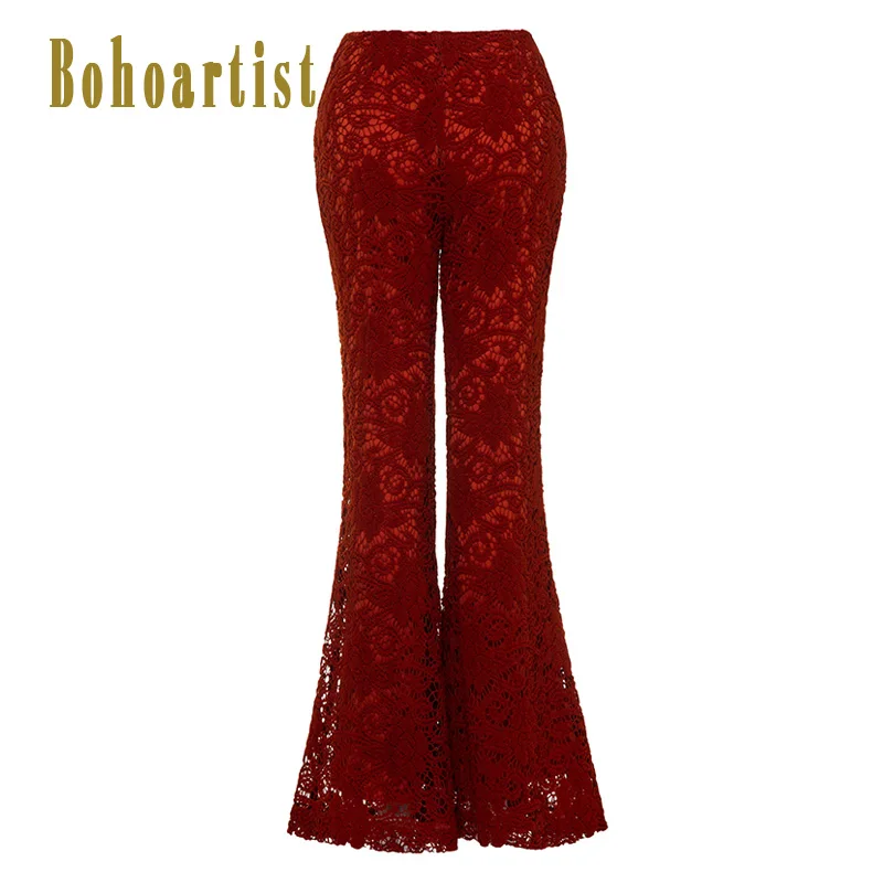 Женские кружевные брюки Bohoartist коричневые клеш с высокой талией 2019|flared pants high